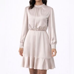 Champagne Satin Tie Neck Long Sleeve Ruffle Hem Dress